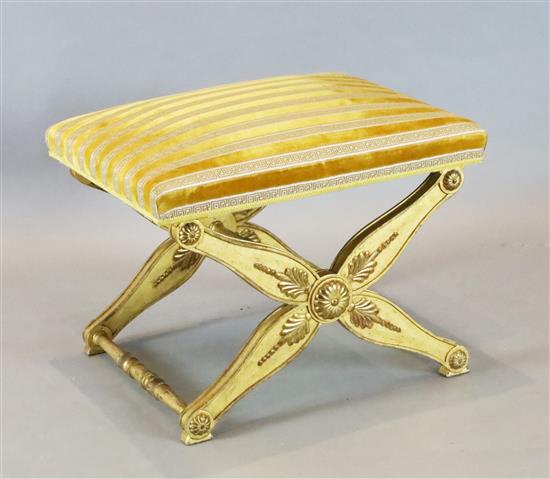 A 19th century Continental giltwood X frame stool, 2ft x 1ft 8in. H. 1ft 8in.